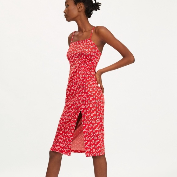 zara red floral midi dress